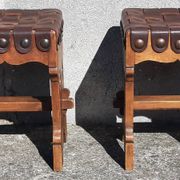 Pair of brutalist stools, leather seat.