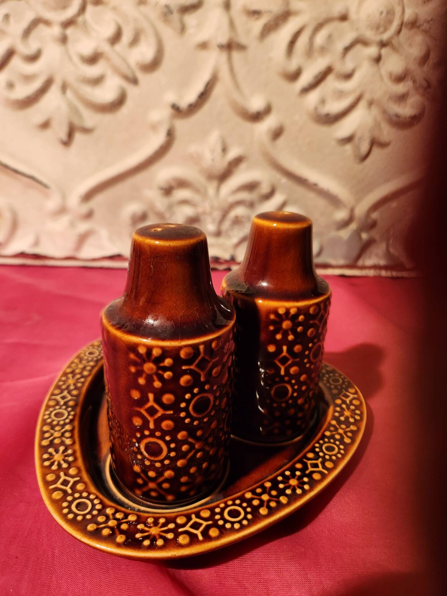 Set of ceramic condiments: salt, pepper, mustard, Connemara Celtic.