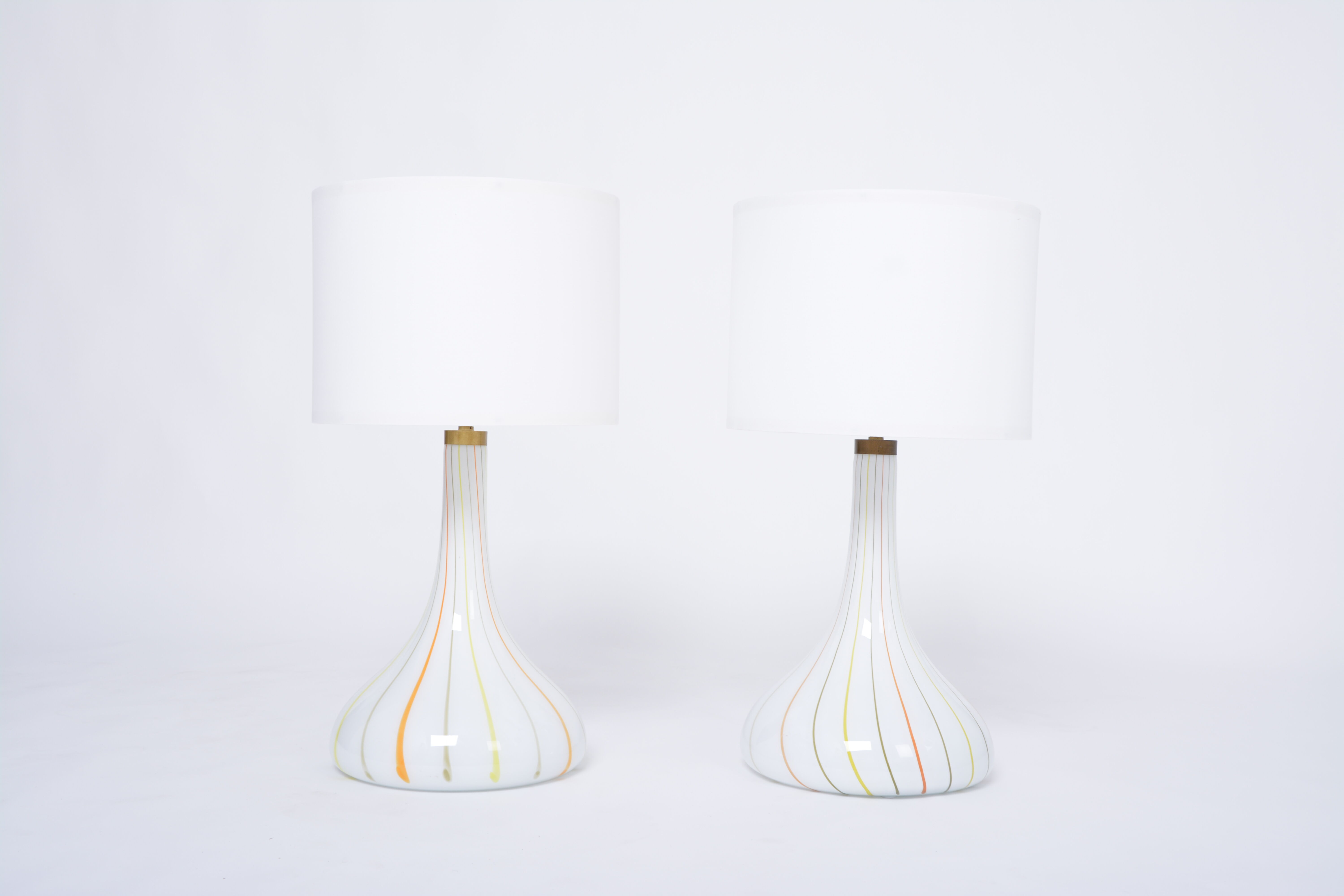 Pair of 1970s tall White Glass Table Lamps model "Candy" by Holmegaard
