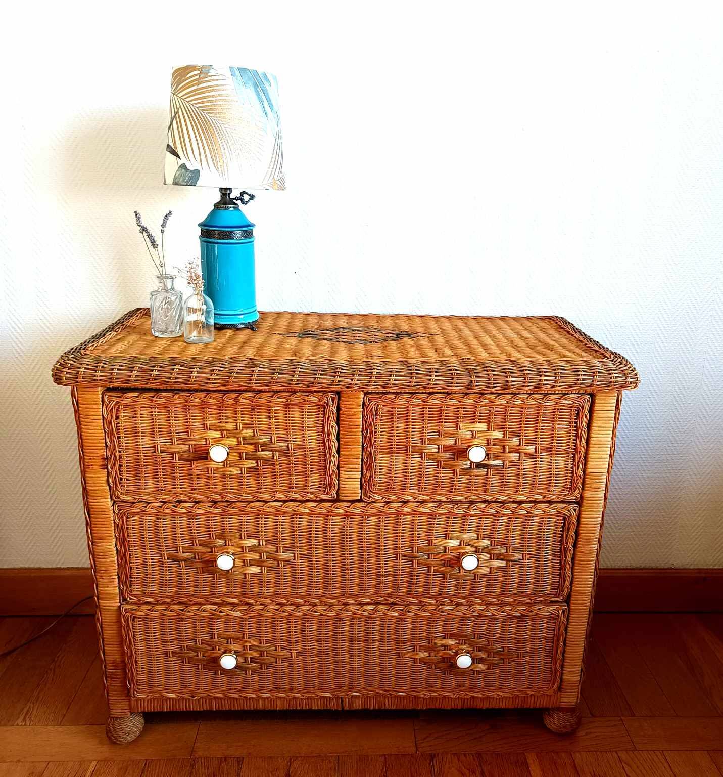 Commode en rotin vintage 1970