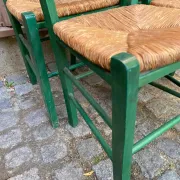 4 solid wood green straw chairs in Bistrot Campagne style from the 1980s.