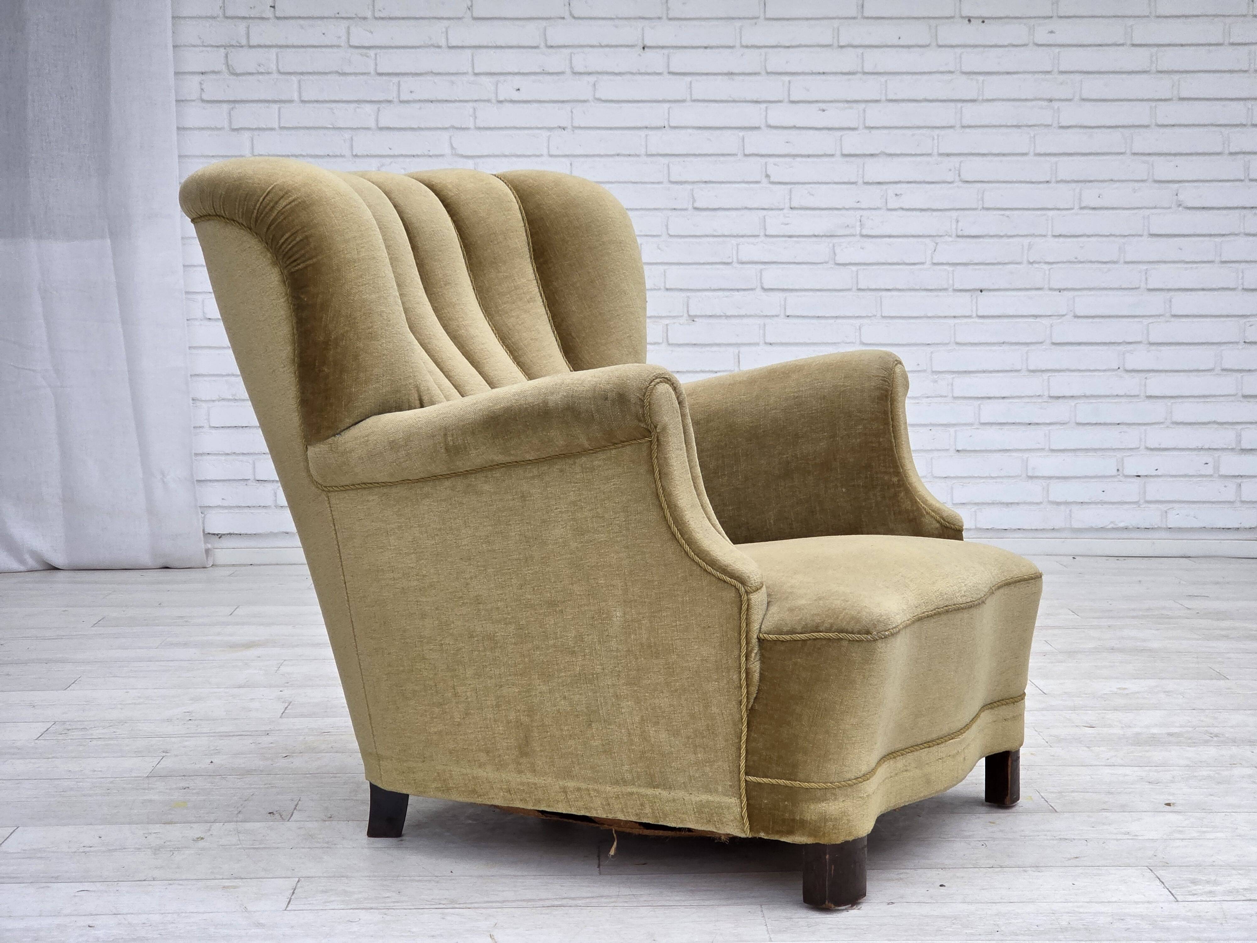 1960s, Danish armchair, green furniture velour, oak wood.