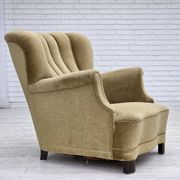 1960s, Danish armchair, green furniture velour, oak wood.