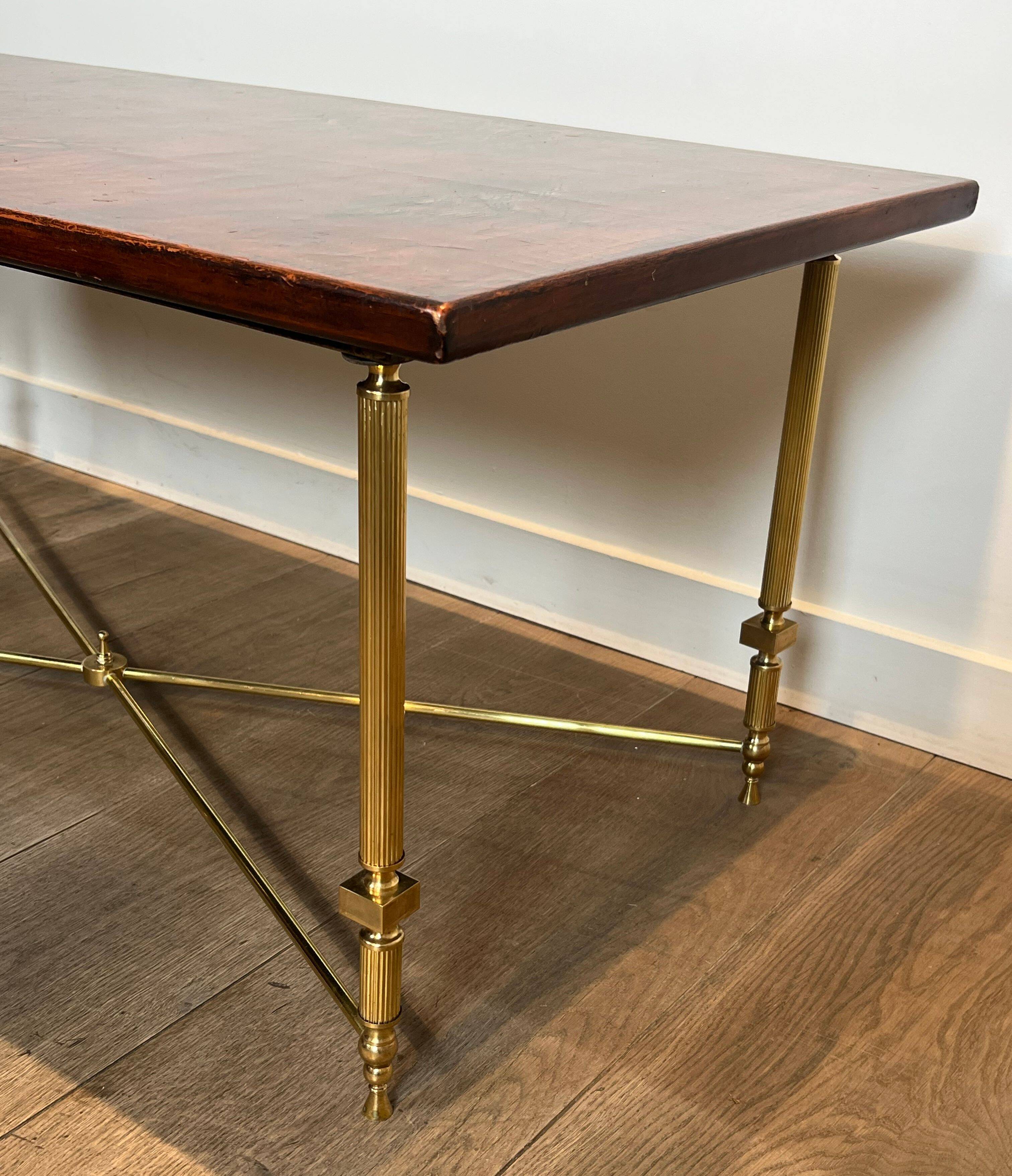 Neoclassical style brass coffee table with lacquered top depicting chinoiserie scenes, attributed to Maison Jansen