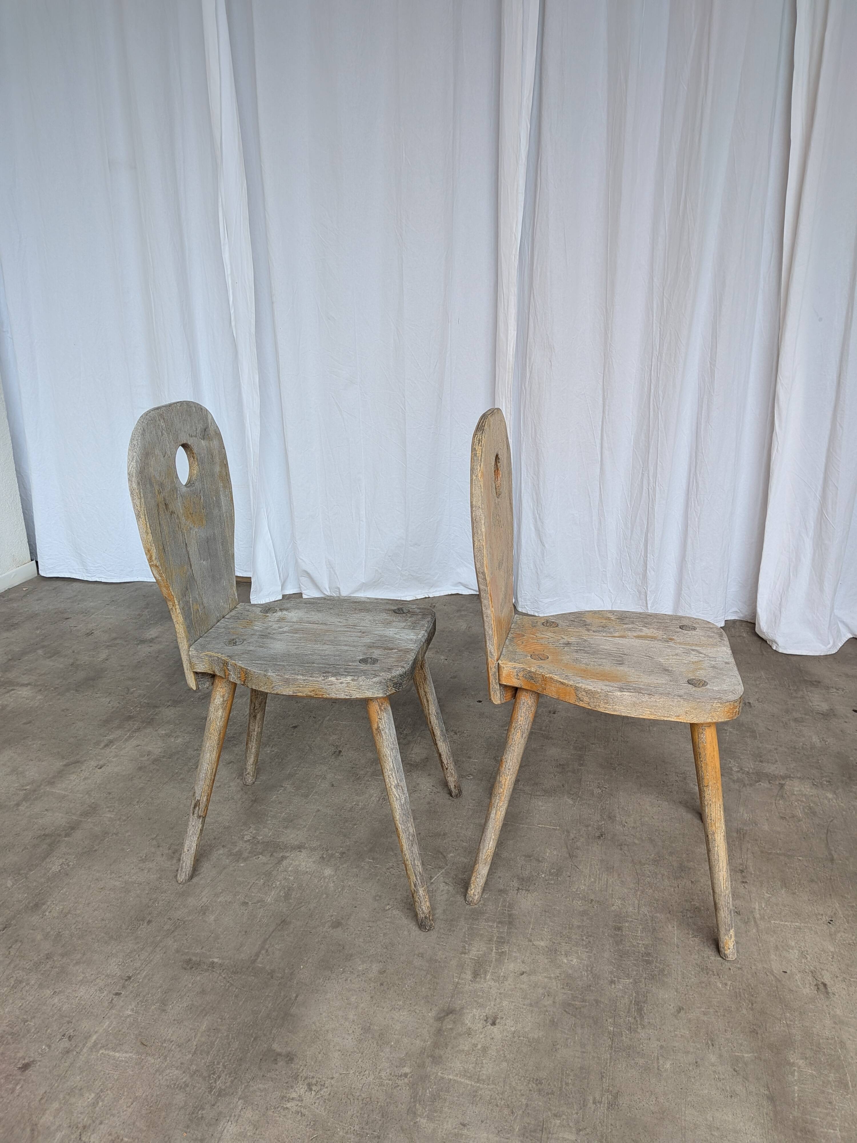 Set of 2 Rustic Primitive Wooden Chairs / Weathered Farmhouse Dining Chairs