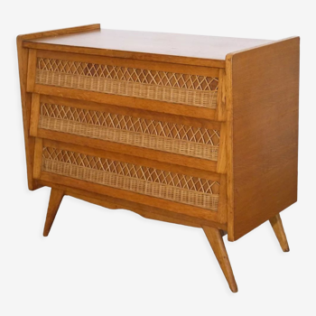 Vintage chest of drawers in wood and rattan 1950