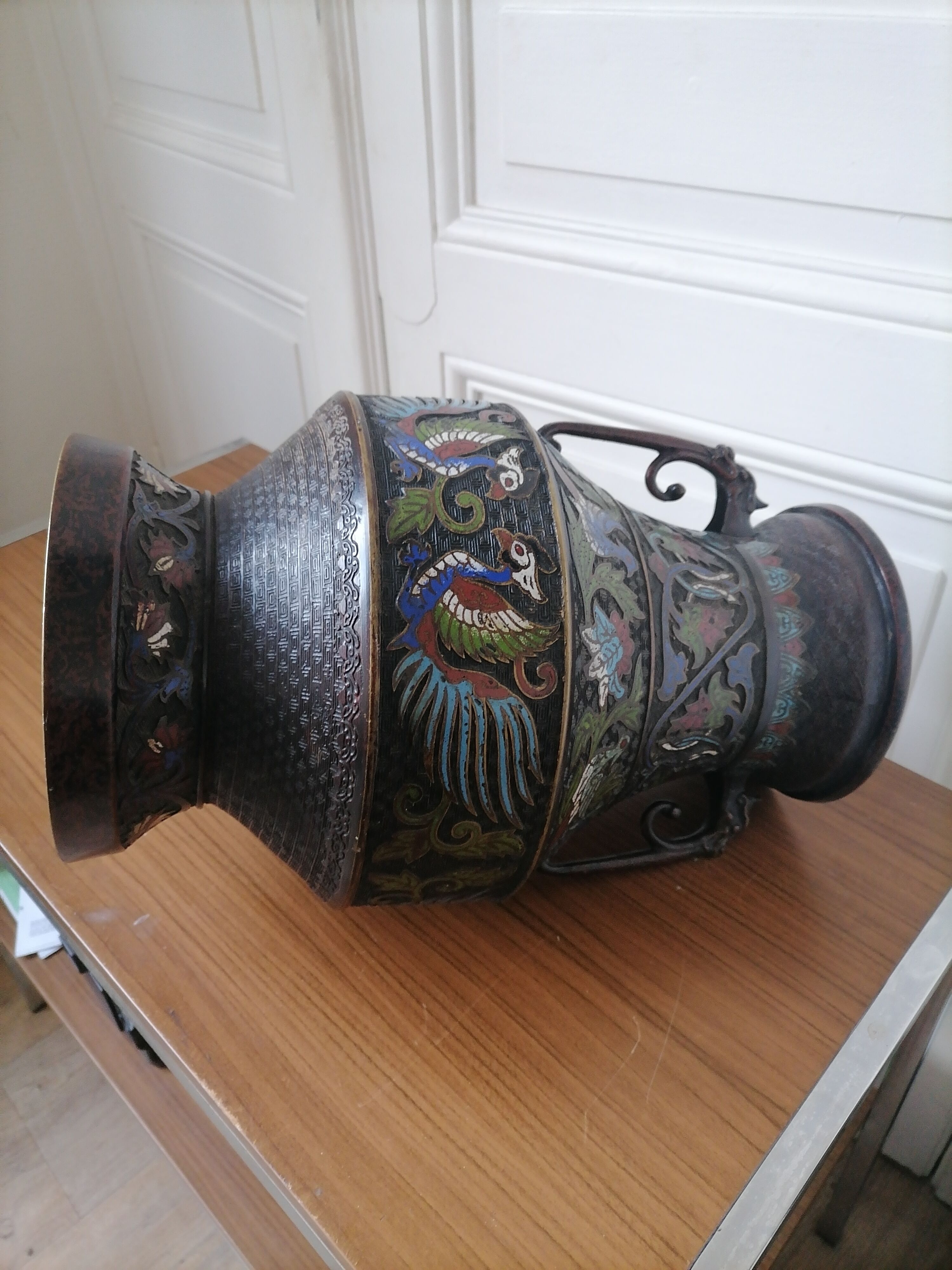 Japanese vase in bronze emaux partitioned 40cm meiji era
