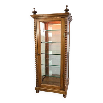 Vitrine vintage en bois avec accent de bobine : verre 4 côtés