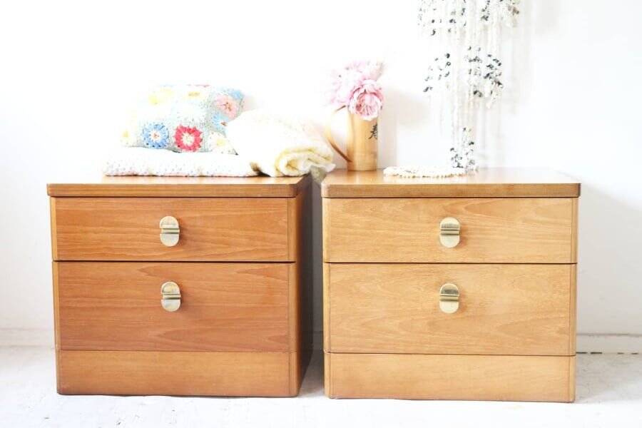 Pair of mid-century brown teak bedside tables, set of 2, 2 drawers.