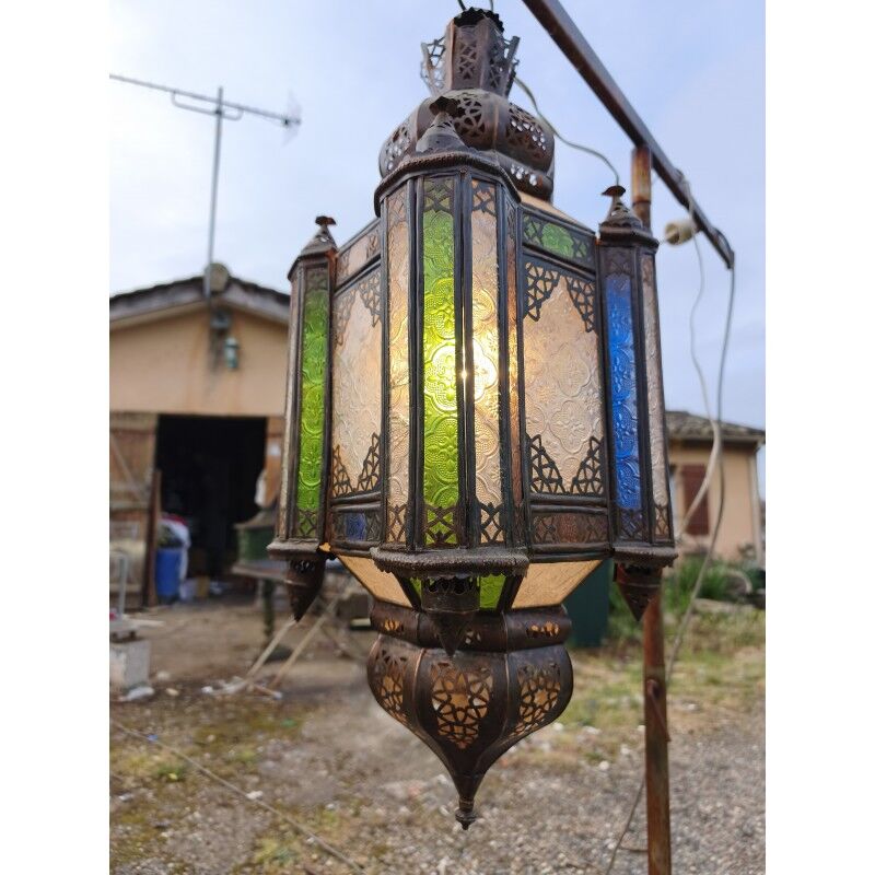 North African lantern suspension in brass and coloured glass.