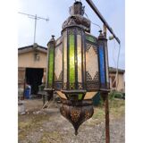 North African lantern suspension in brass and coloured glass.
