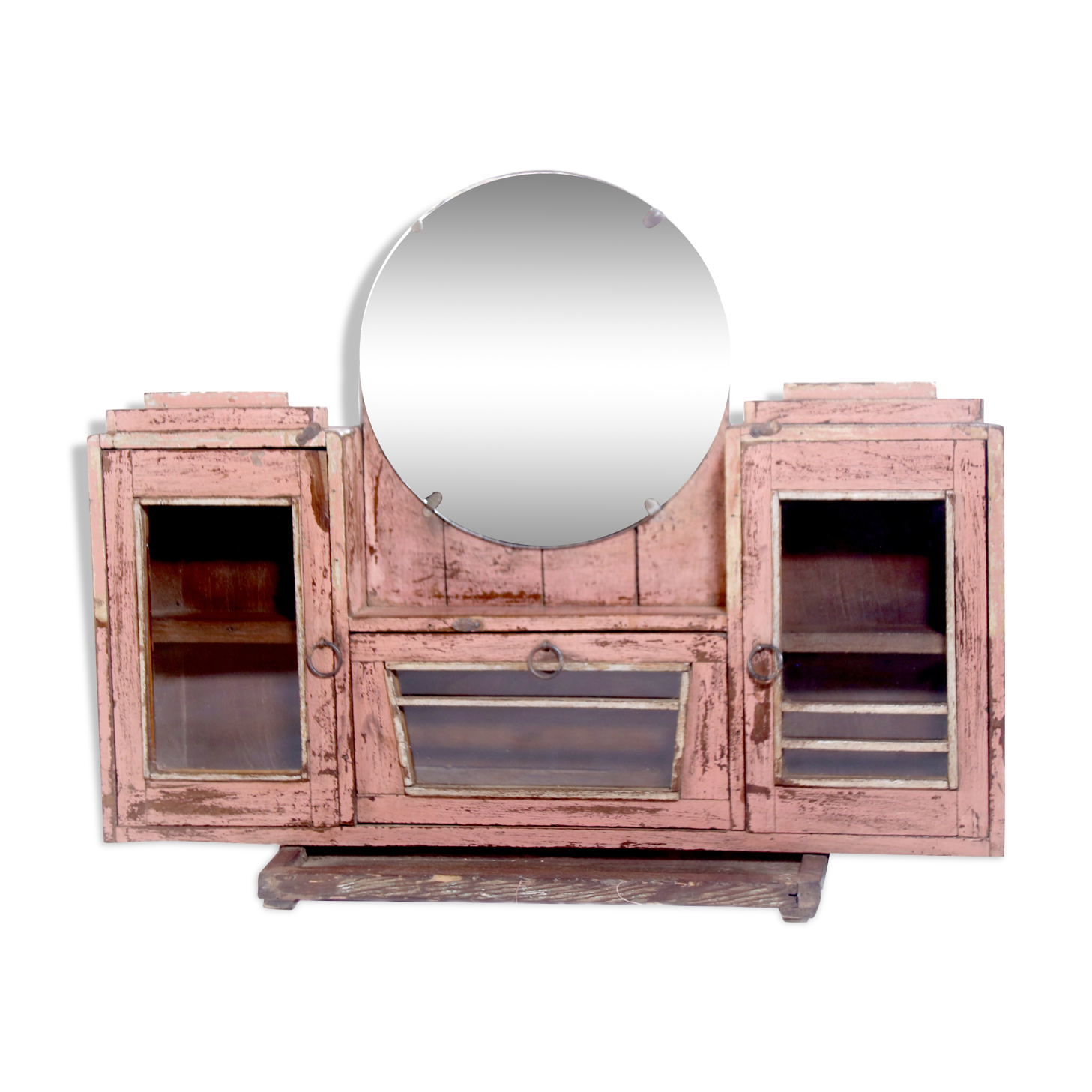 Tryptic wall shelf in ancient Burmese teak with round mirror