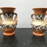 Paire de vases ancien céramique multicolore avec 2 anses vintage