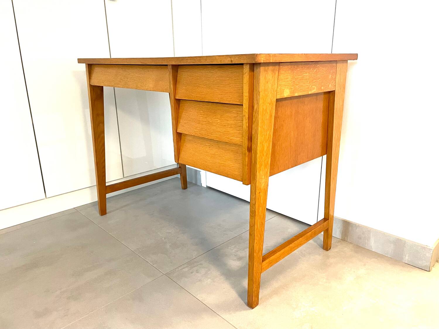 1950s modernist oak desk with compass legs