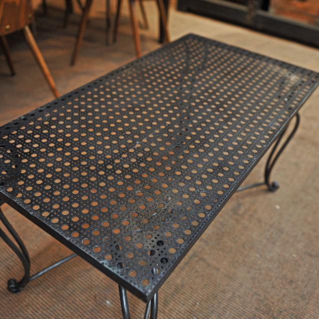 Metal coffee table perforated wrought iron foot 1940