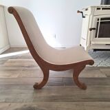 Vintage gondola armchair in beige linen fabric.