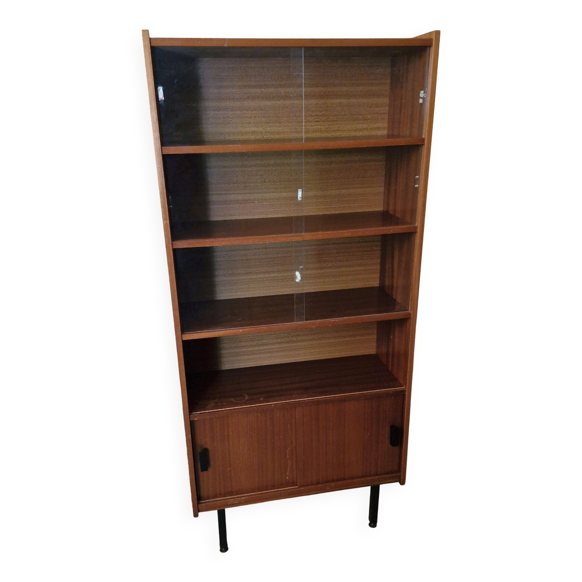 Vintage: Wooden display cabinet with 5 shelves, 4 metal legs.