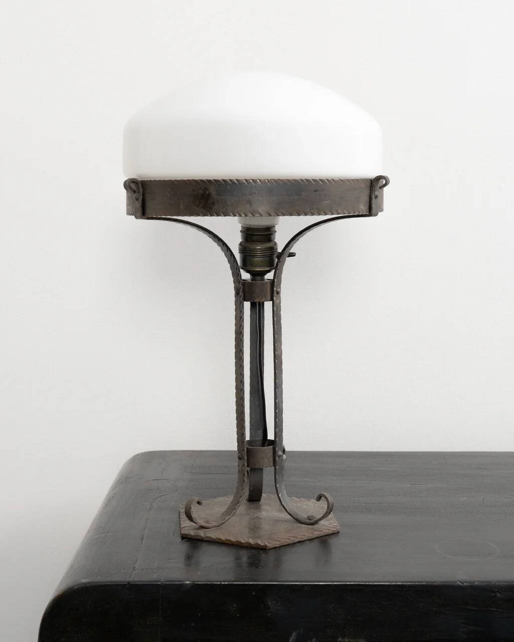 Vintage wrought iron and opaline glass Strindberg lamp