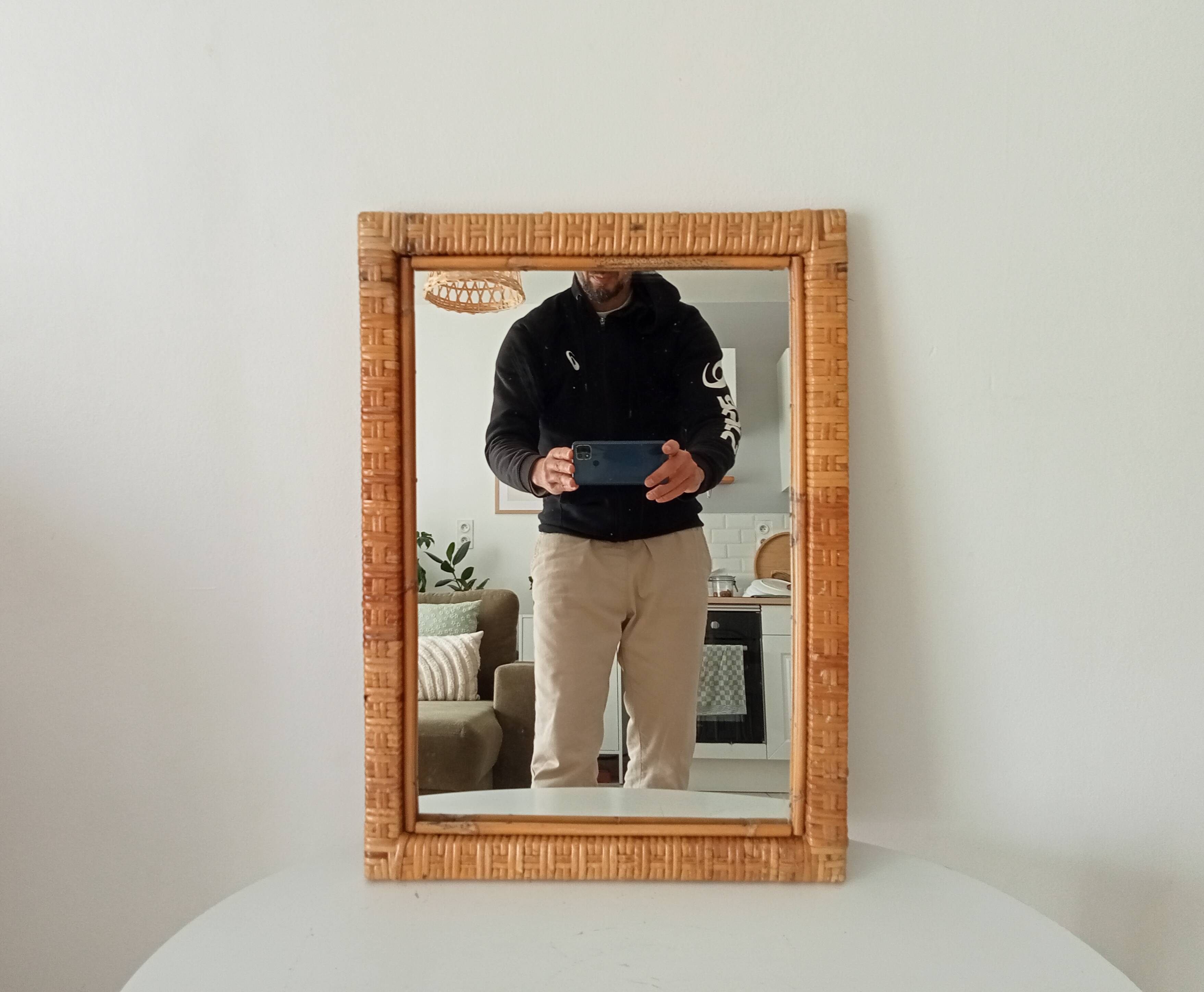Vintage woven rattan mirror from the 70s.
