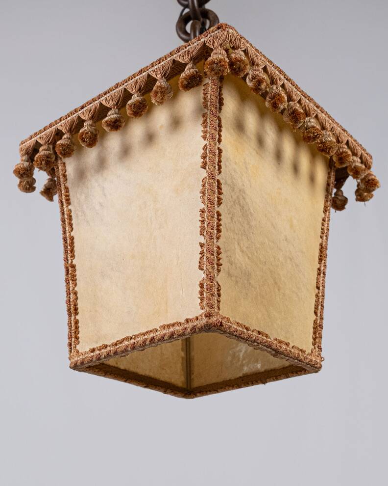 Suspension lanterne en parchemin et passementeries, France, 1960s