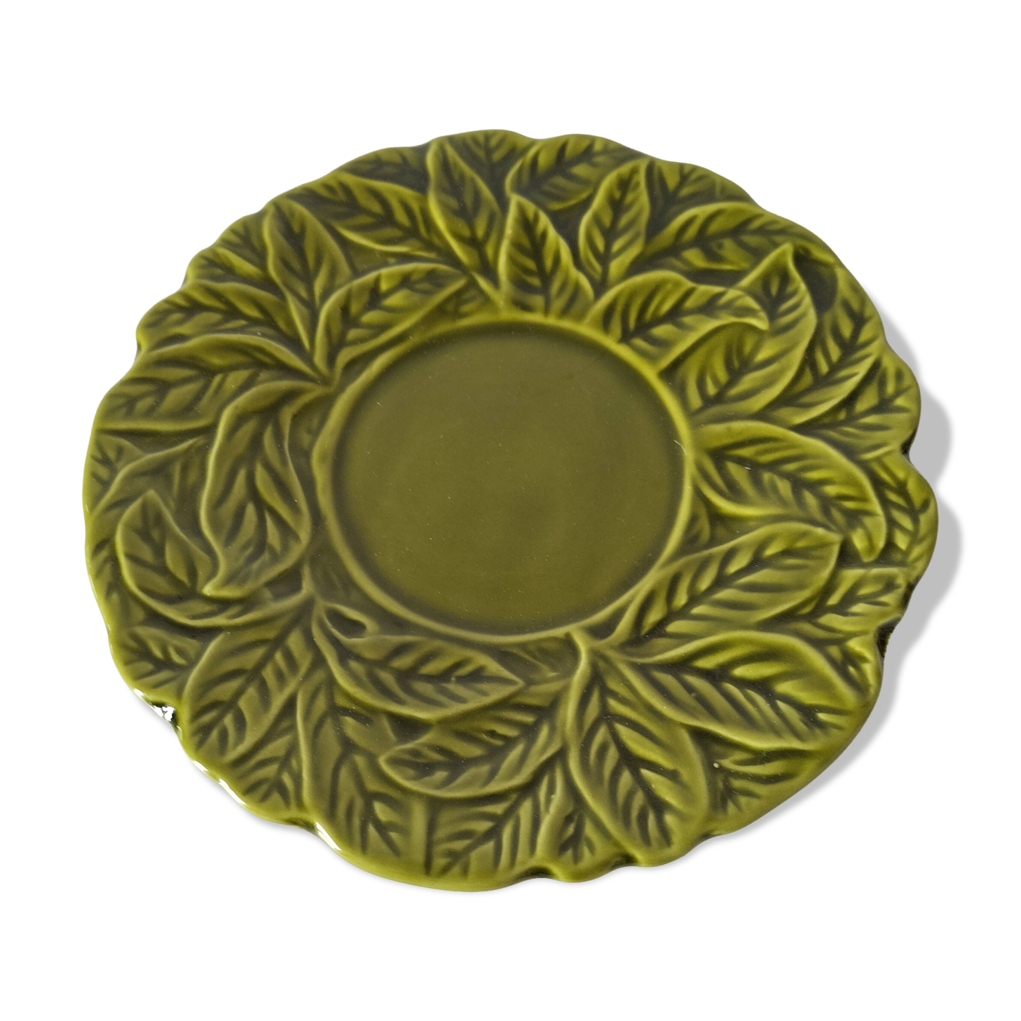 Vintage plate with olive green foliage relief