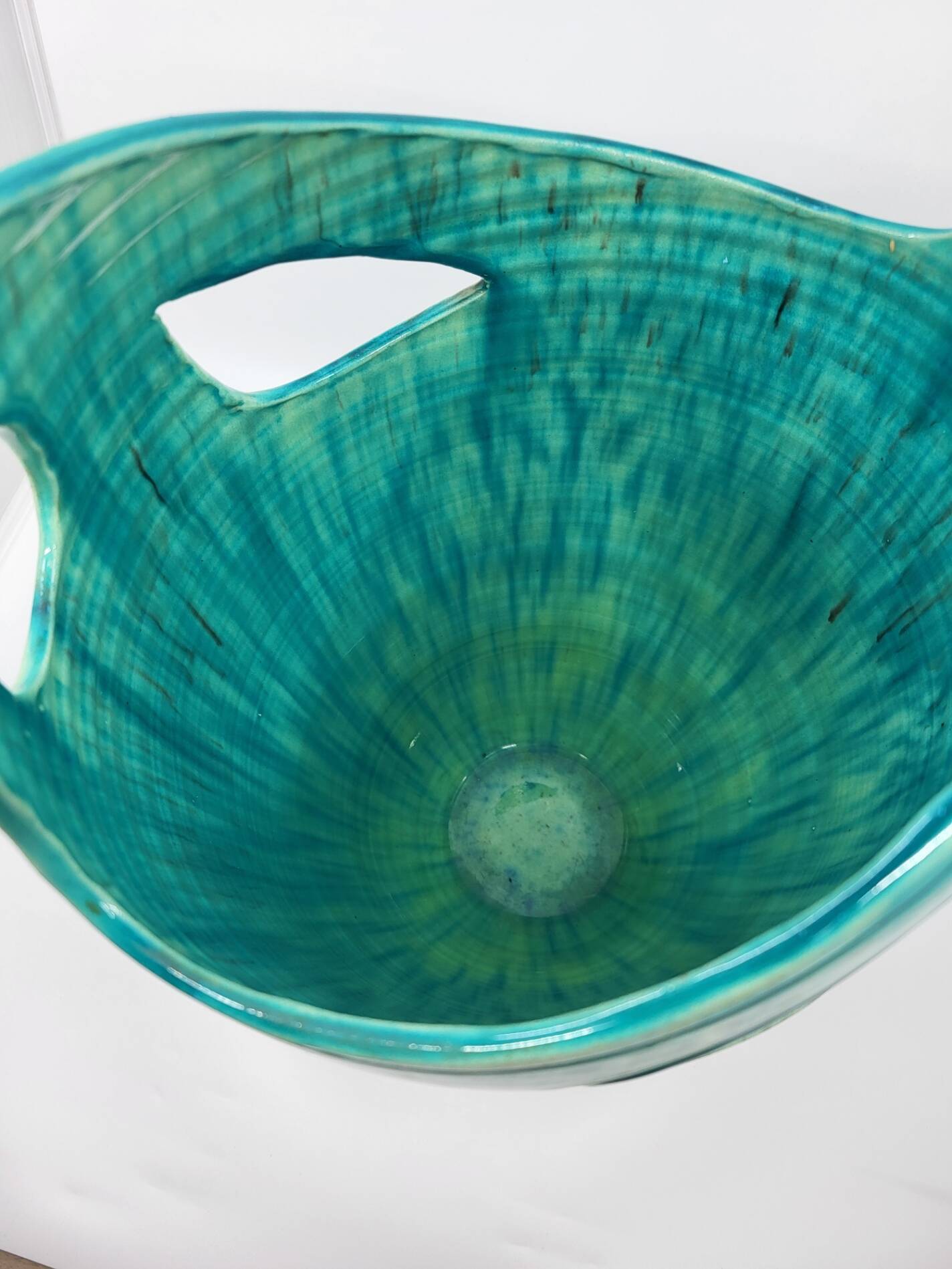 Vase Accolay signé J C en céramique Marron, Bleu France Vintage Design 1960
