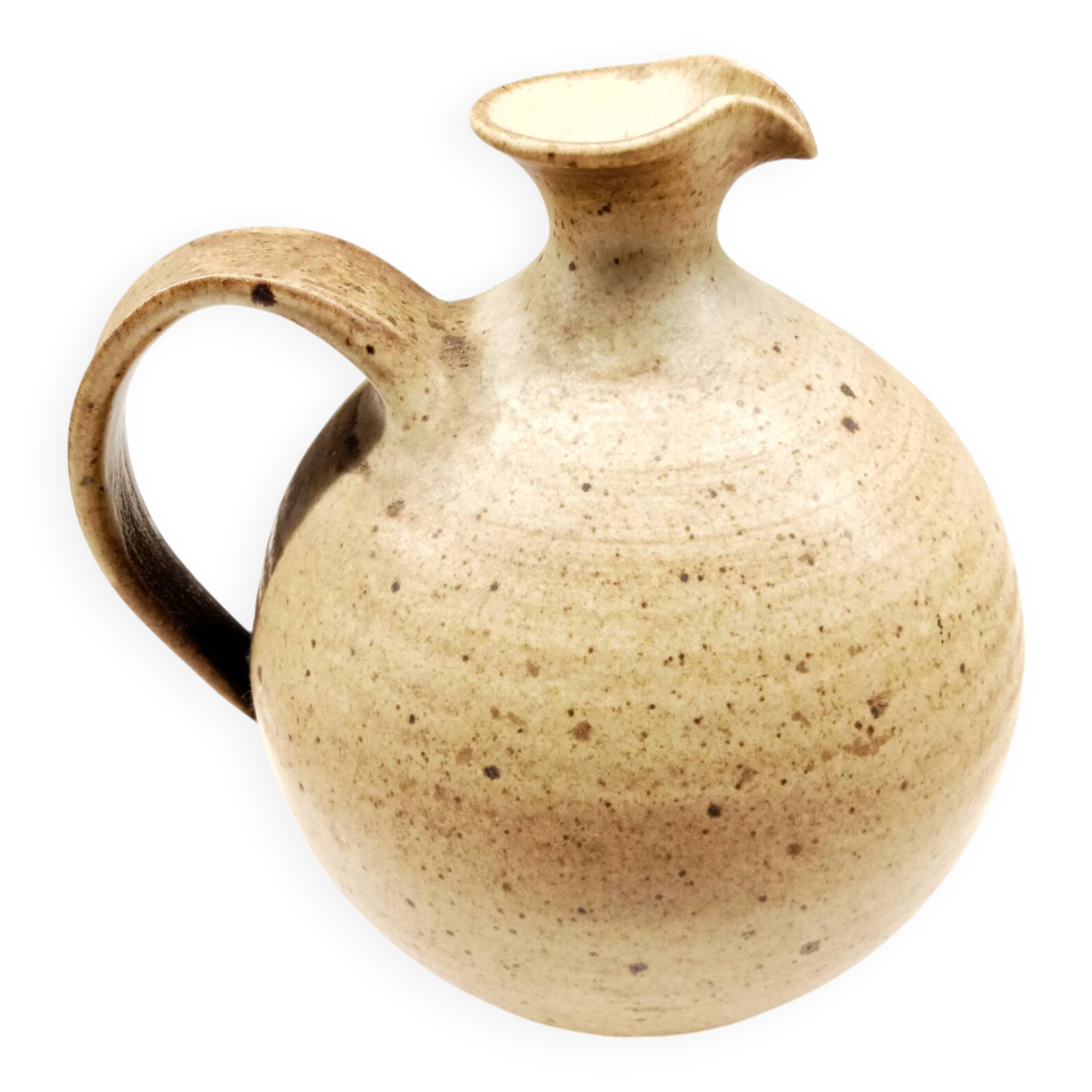 Vintage speckled brown stoneware jug in a round shape.