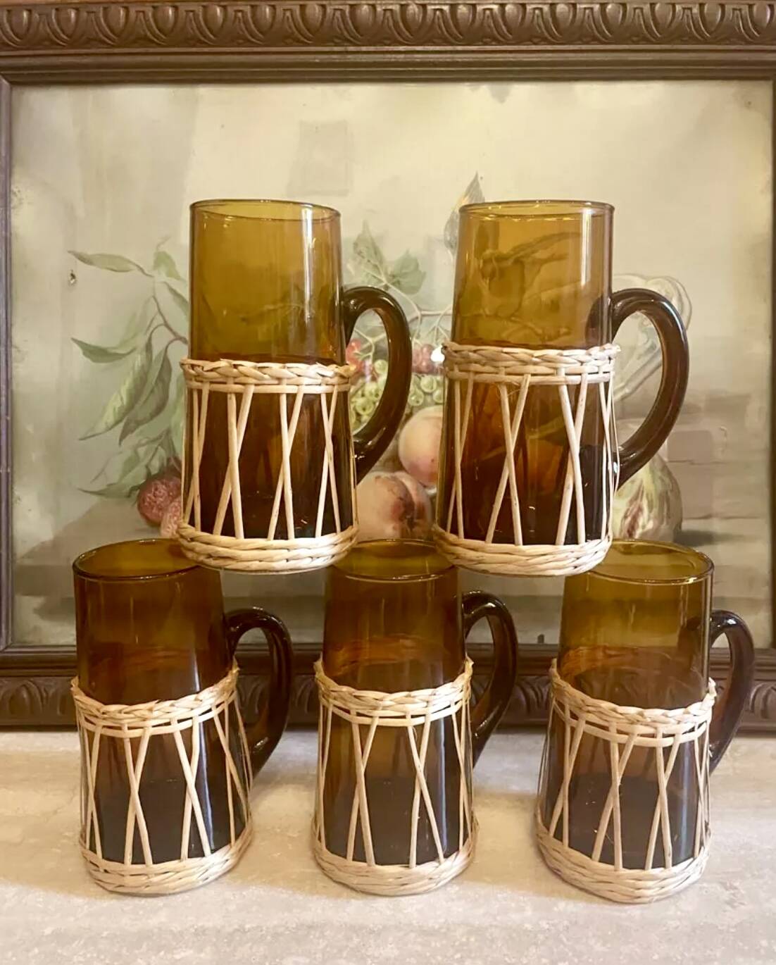 Amber glass and wicker lemonade set