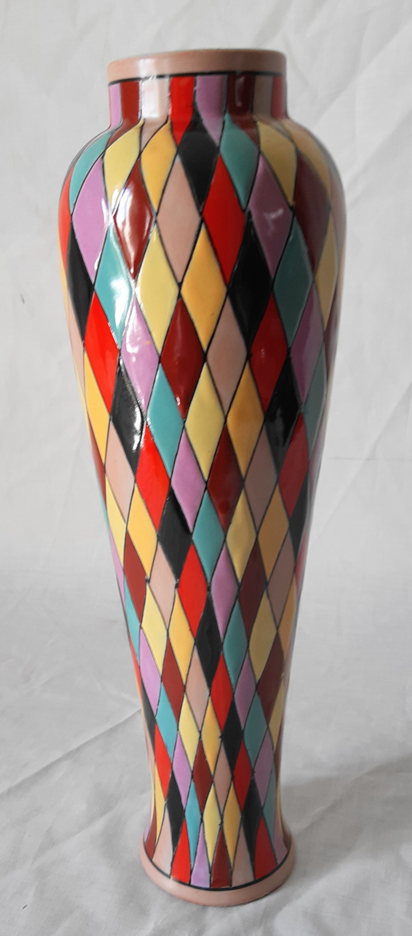 Italian ceramic vase with harlequin decor from the 50s
