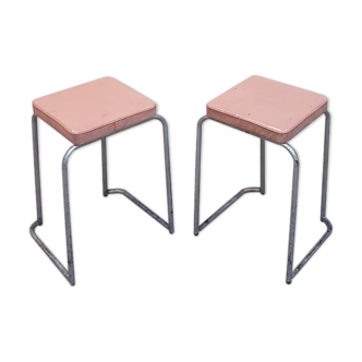 Vtg Industrial Set Of 2 Tubular Steel School Stools Dining Chairs Kitchen Bar