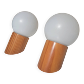 Pair of vintage wall lights in varnished pine and opal glass, 1970s-80s.