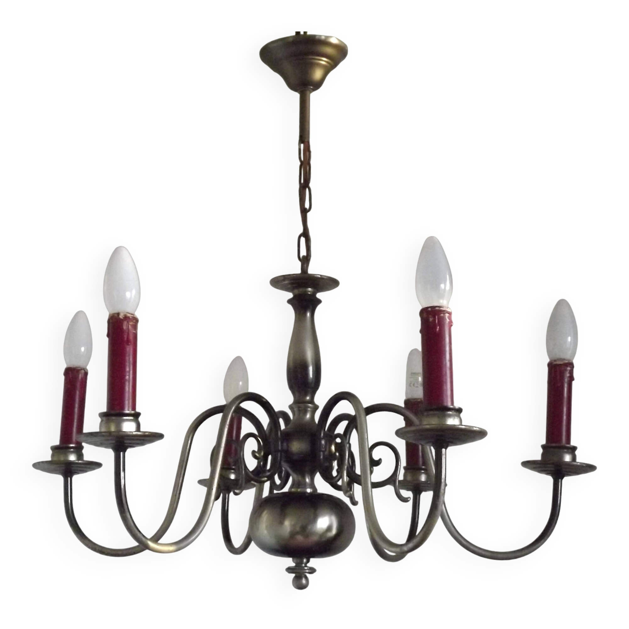 French Vintage Two-Tone Silver Metal 6-Light Flemish Chandelier with Red Drips