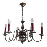 French Vintage Two-Tone Silver Metal 6-Light Flemish Chandelier with Red Drips