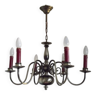 French Vintage Two-Tone Silver Metal 6-Light Flemish Chandelier with Red Drips