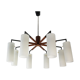 Eight-light mid-century modern teak and glass chandelier