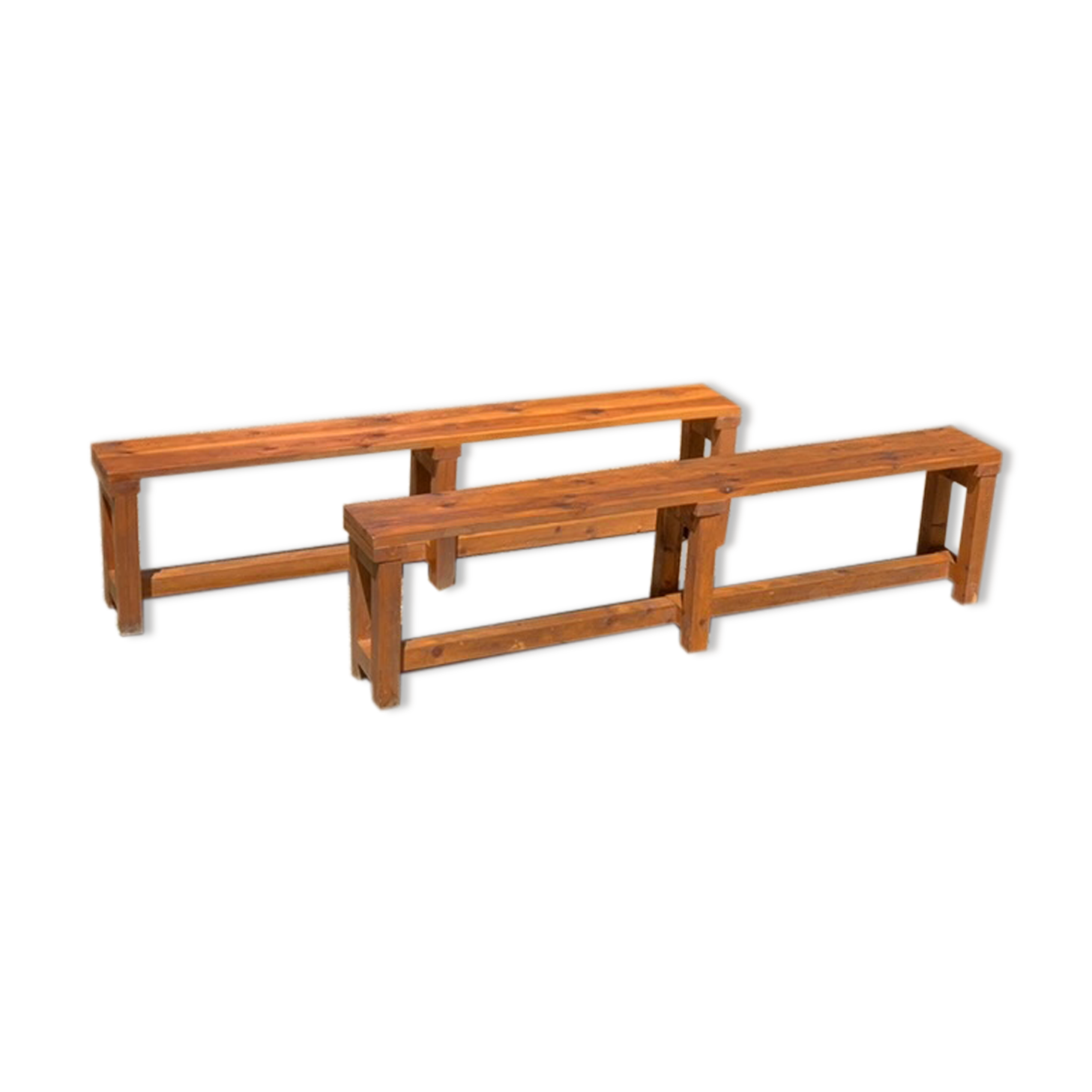 Paire de bancs modernistes en bois années 70