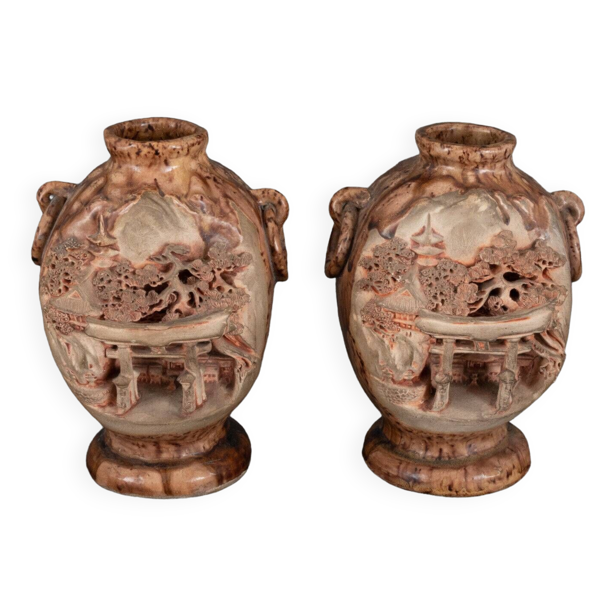 Pair of Banko Ware vases from China ceramic temple and pagoda decor