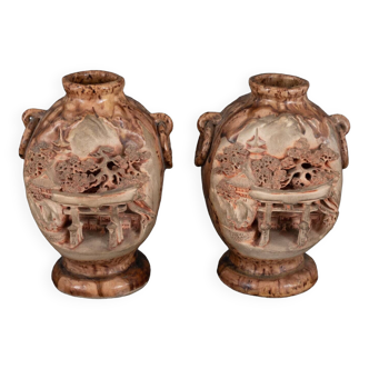 Pair of Banko Ware vases from China ceramic temple and pagoda decor