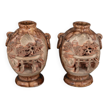 Paire de vases Banko Ware de Chine céramique décor de temple et pagode