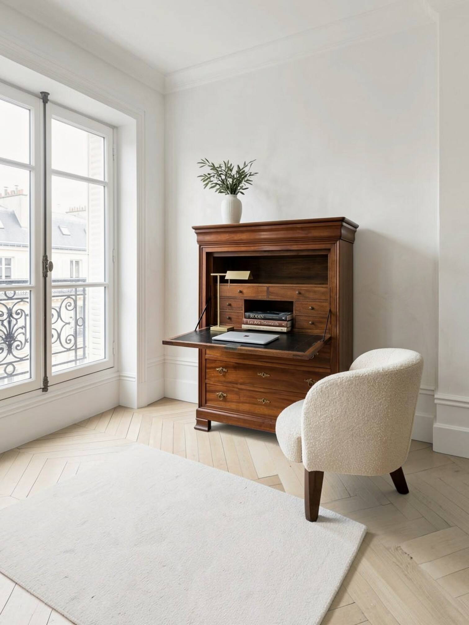 Secretary desk with mahogany and flame veneer.