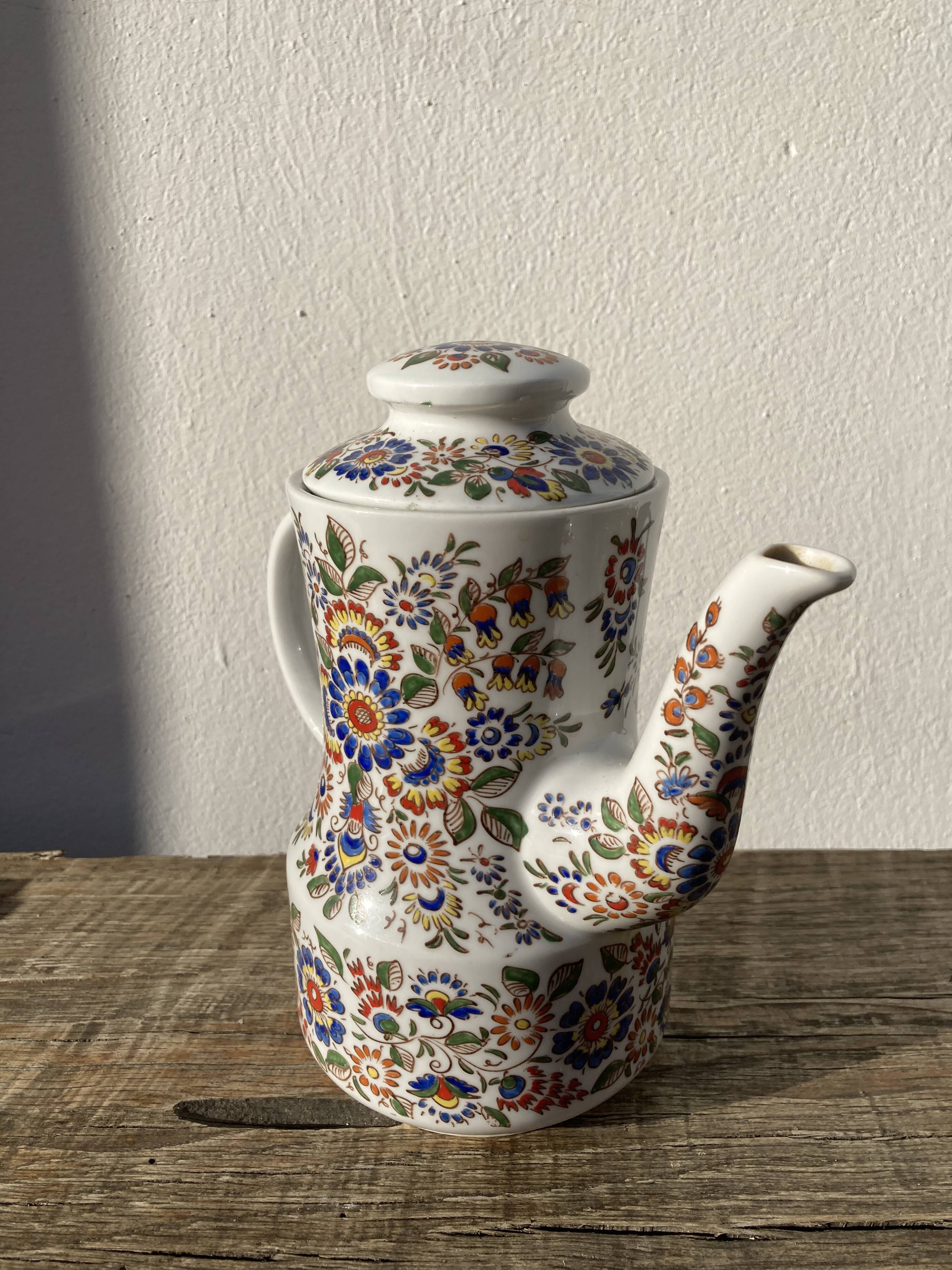White hand-painted porcelain teapot with flowers Poland 1970s