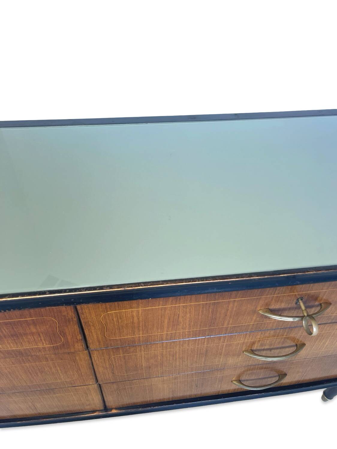Commode en acajou plaqué avec plateau en verre vert, années 1950