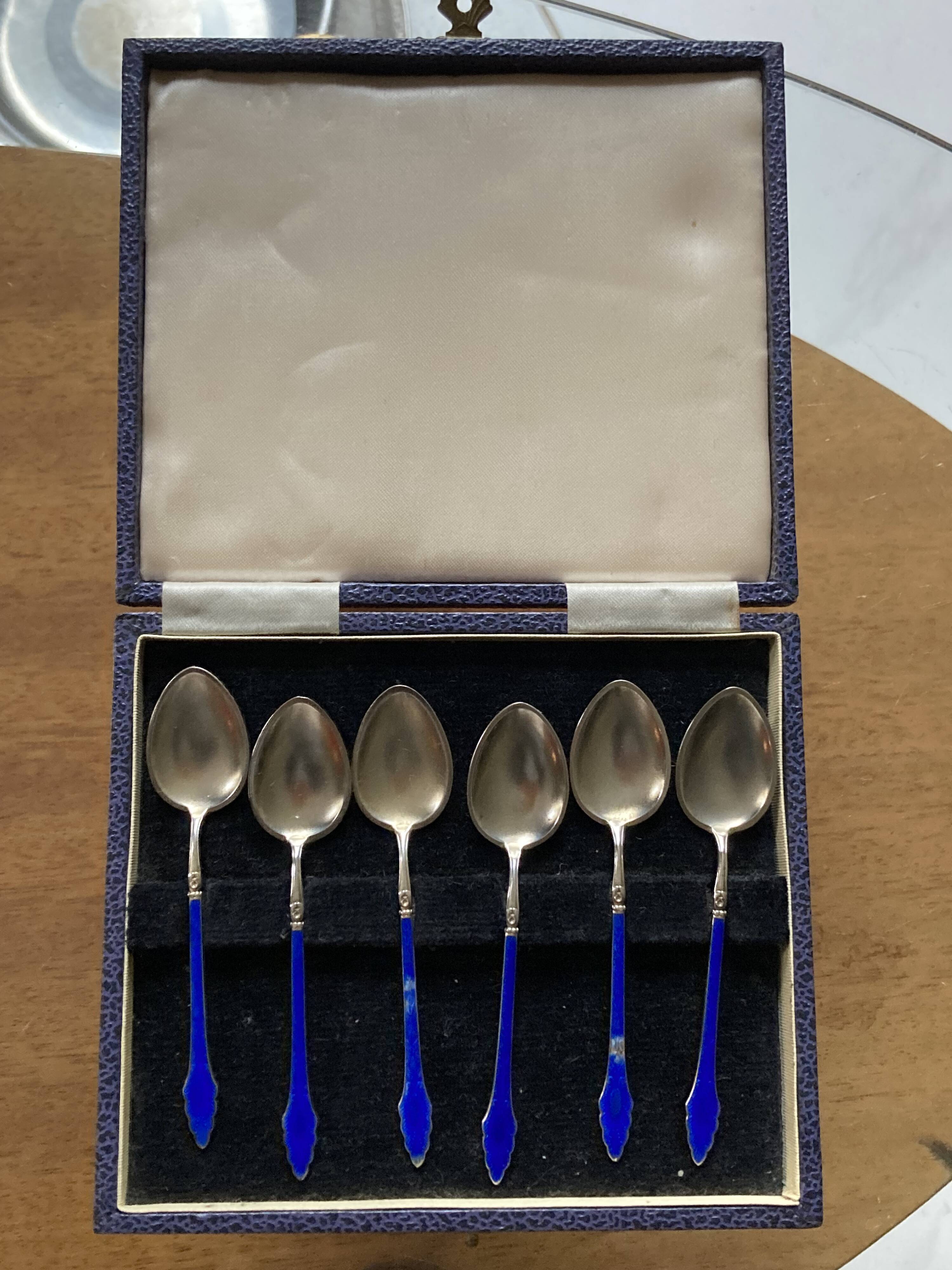 Coffee spoons late 19th century SOLID SILVER 995 3 hallmarks + ROYAL BLUE enamel ENGLISH origin