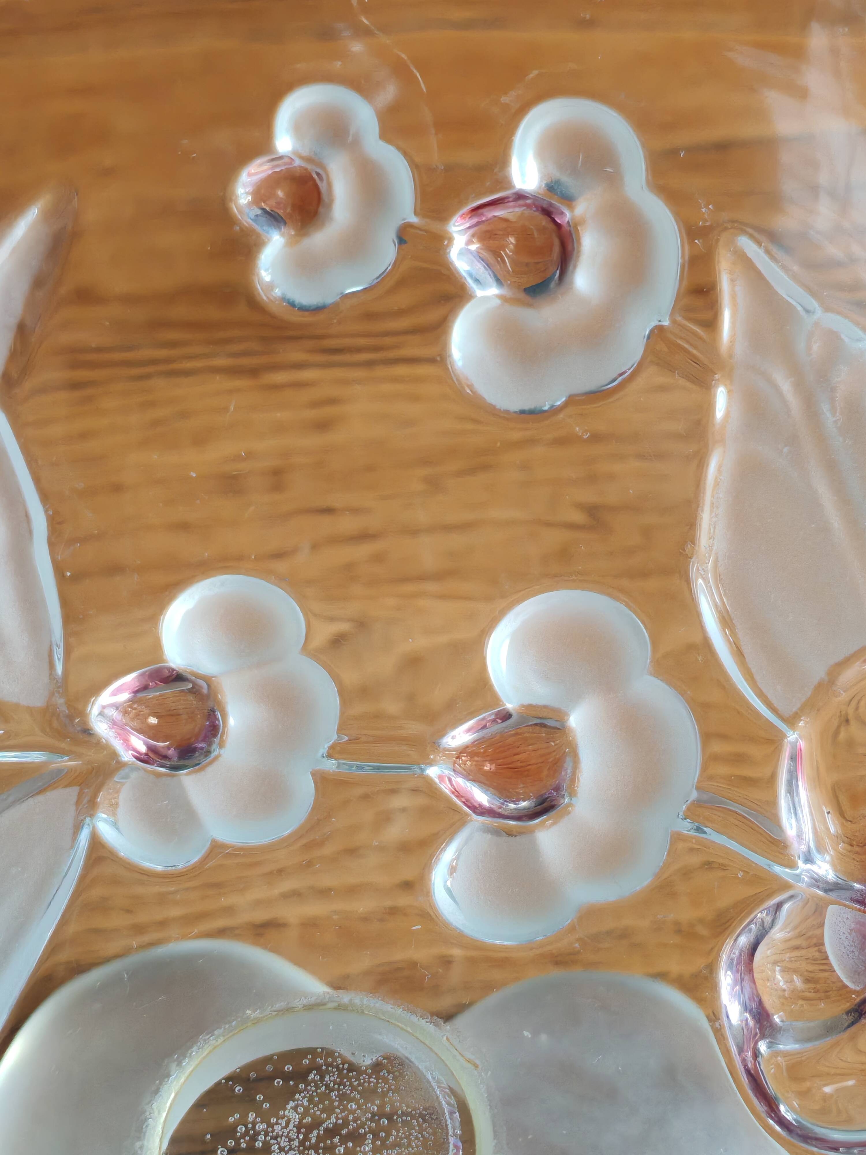 Vintage Frosted Glass Footed Bowl – Relief Decor of Pink Flowers