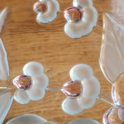 Vintage Frosted Glass Footed Bowl – Relief Decor of Pink Flowers