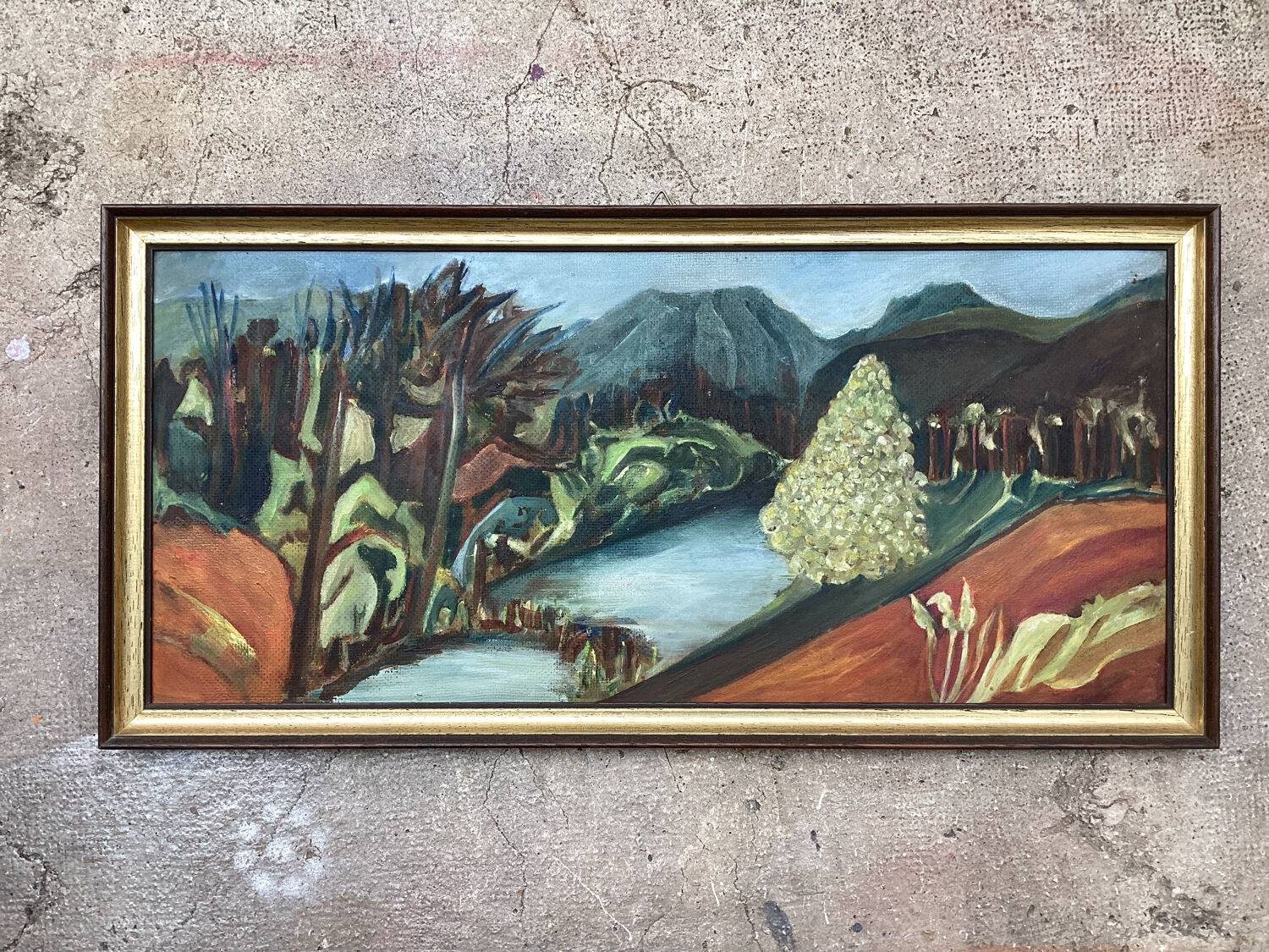 Landscape oil on wood framed vintage