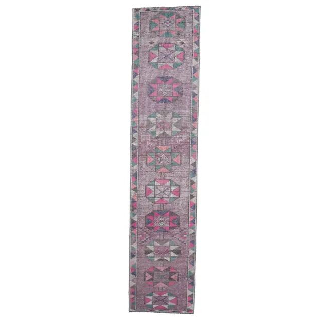 1970s Turkish Handmade Geometric Pink Wool Runner Rug 80x387