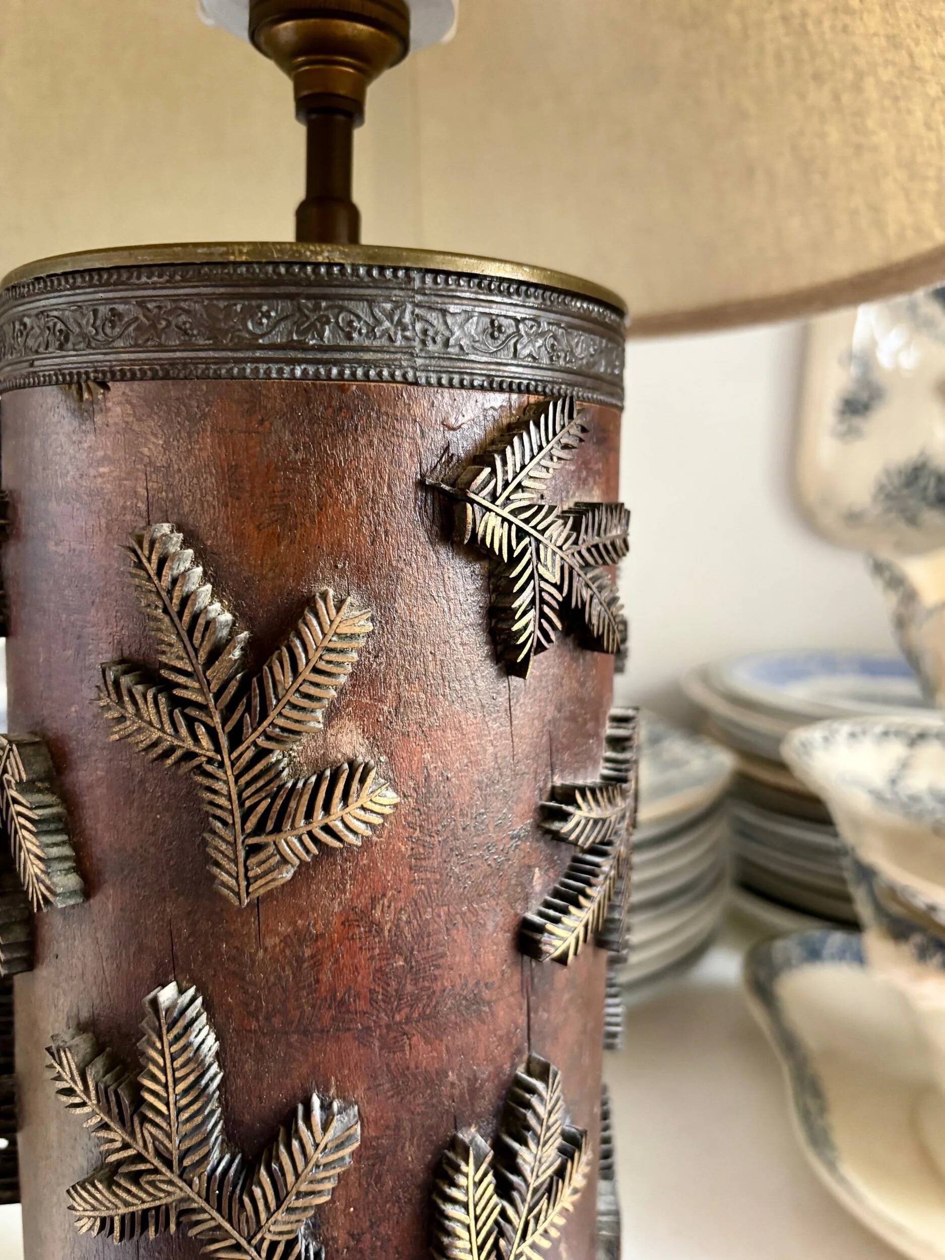 Dark wood and beige cotton block print table lamp
