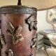 Dark wood and beige cotton block print table lamp
