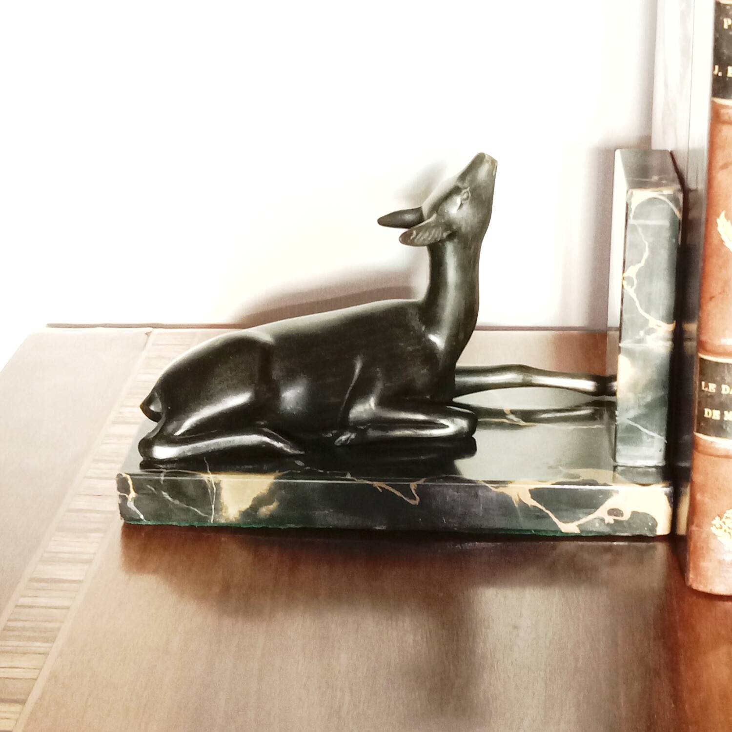 Art Deco Bookends of Doe Lying on Portor Marble